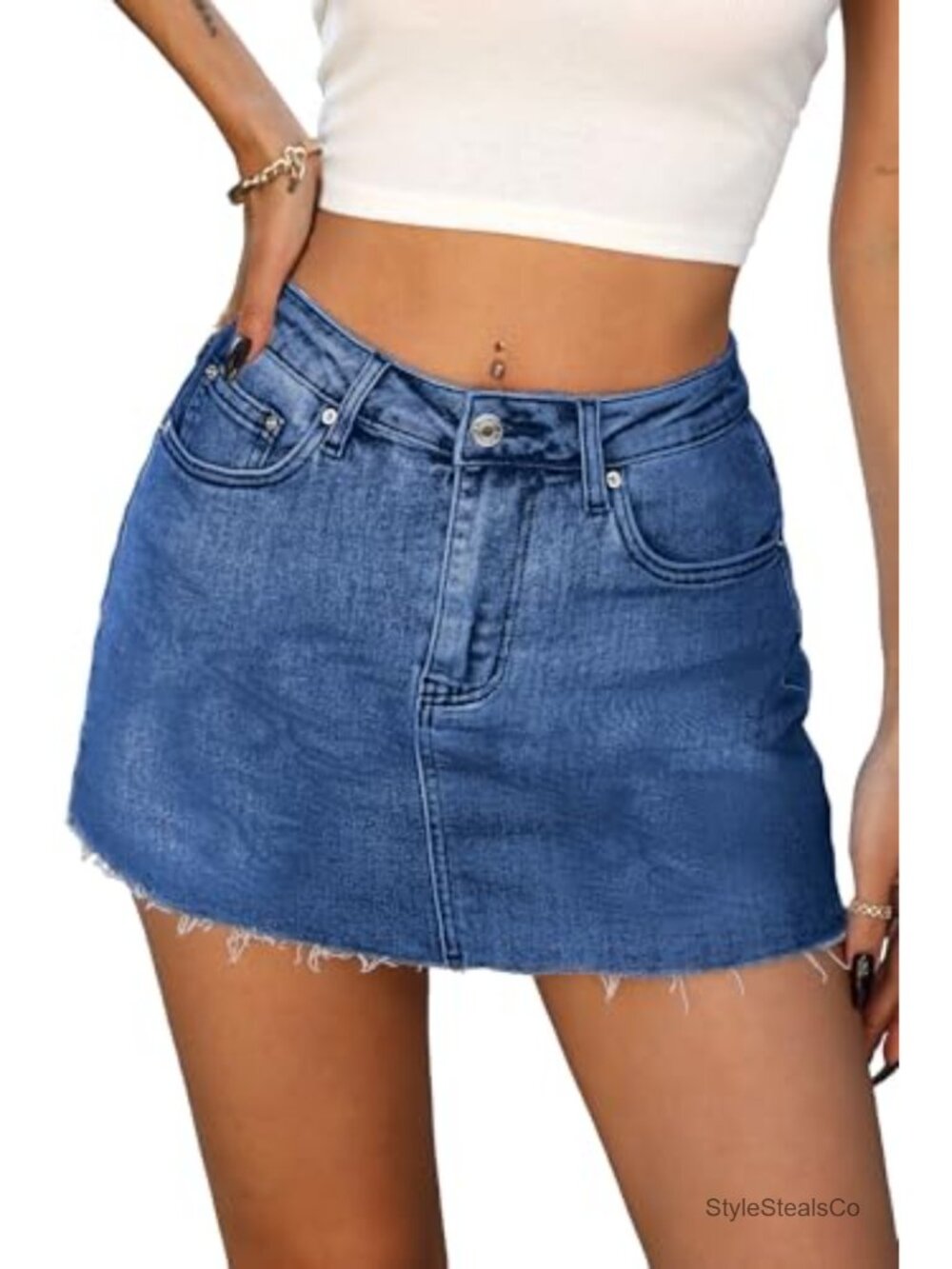 Stretchy Denim Mini Skort with Built-in Shorts Raw Hem A-Line Fit